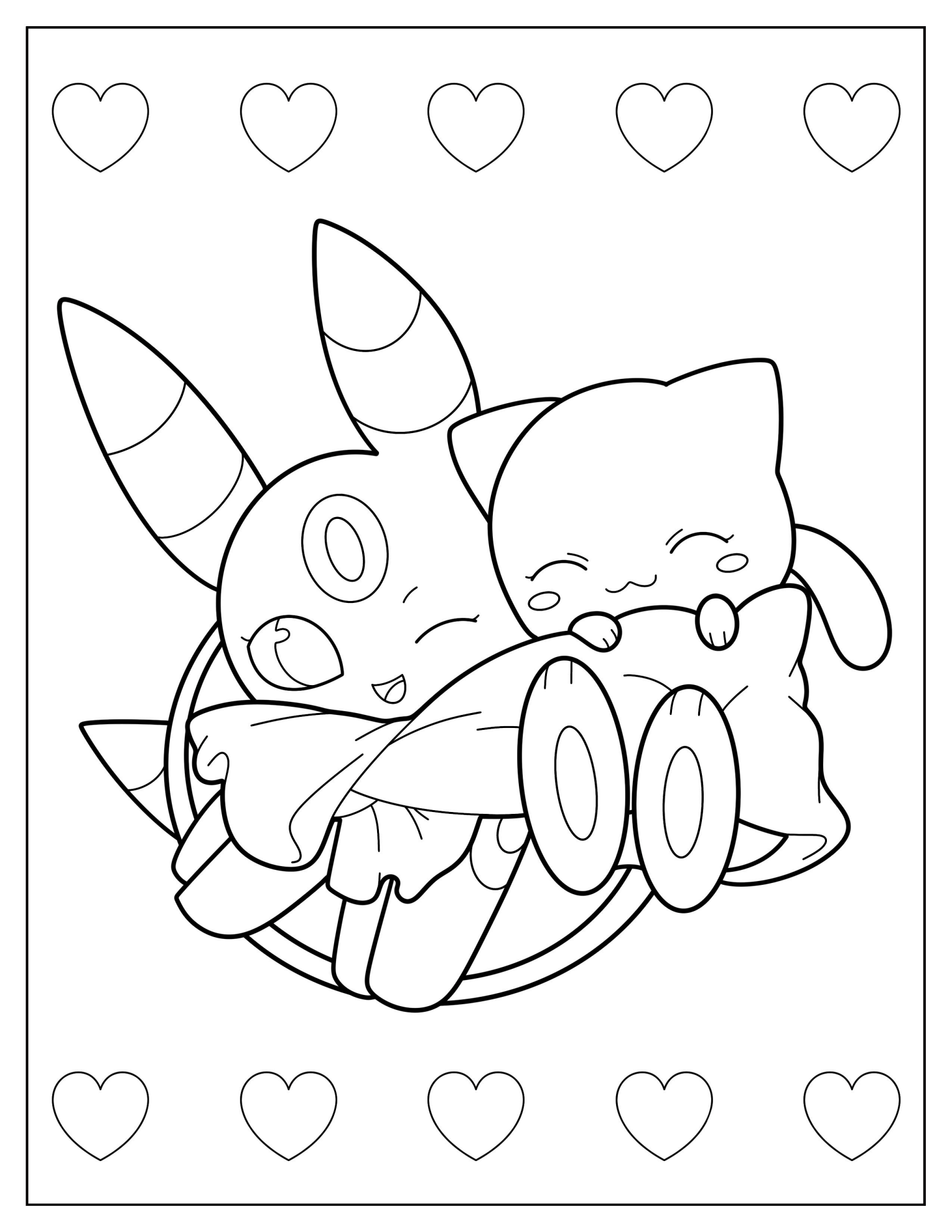 Kawaii Umbreon Hugging Mew Coloring Page For Kids