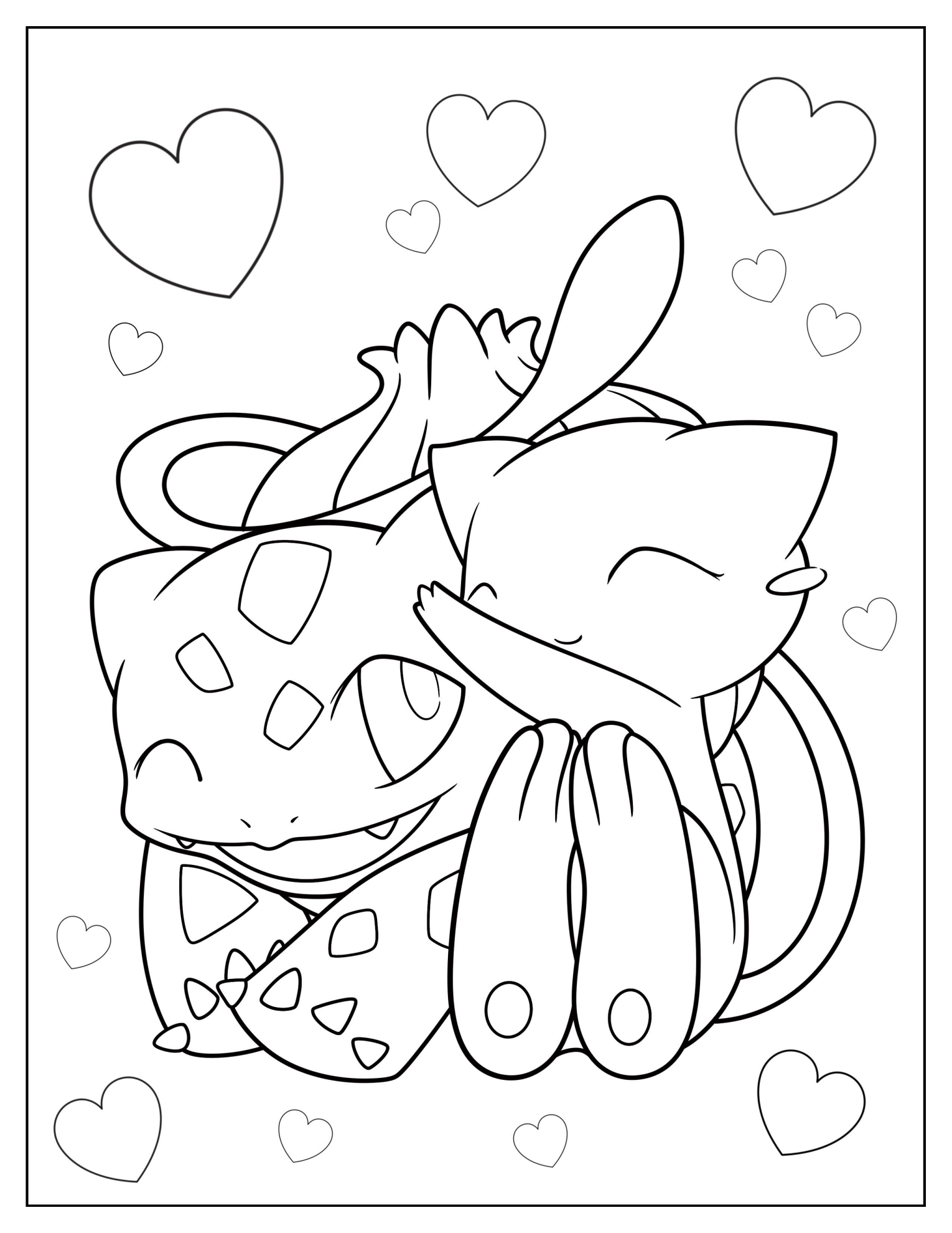 Mew Hugging Bulbasaur Coloring Sheet