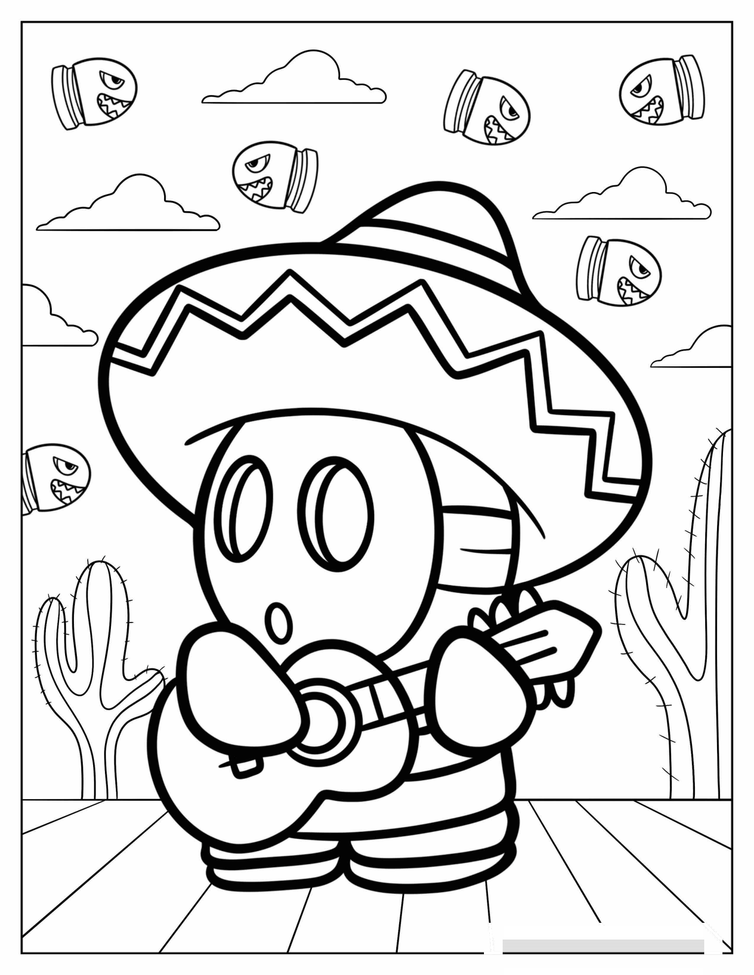 Sombrero Shy Guy Playing Guitar Coloring Sheet