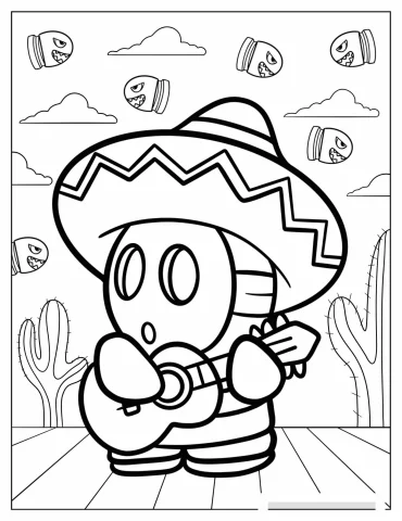 Sombrero Shy Guy Playing Guitar Coloring Sheet