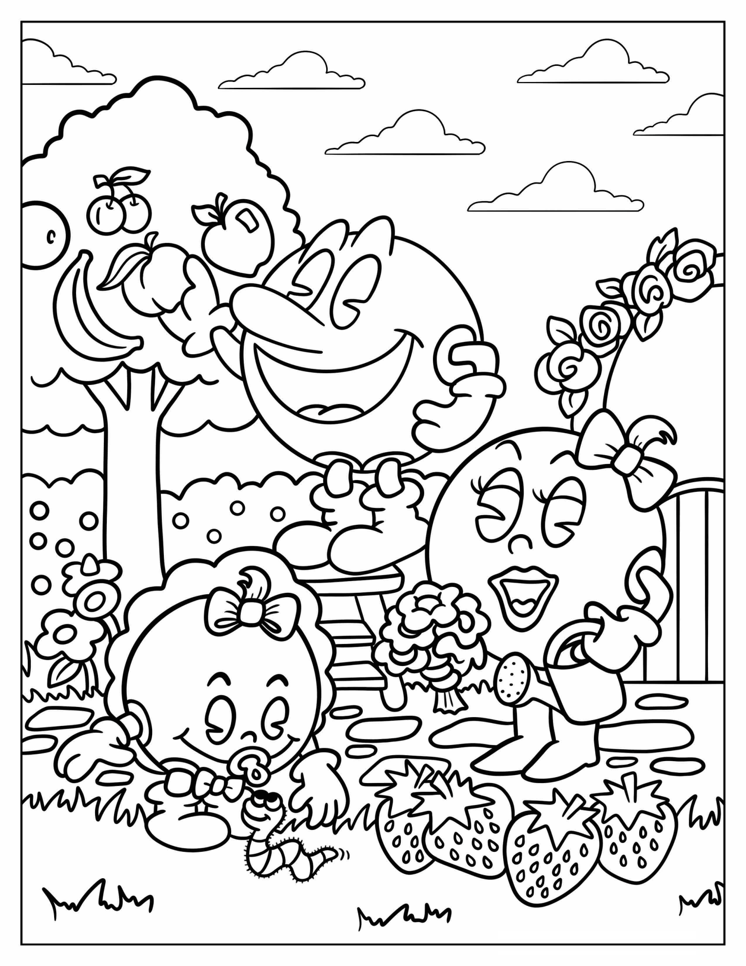 Pac-Man With Mrs. Pac-Man And Baby In The Garden