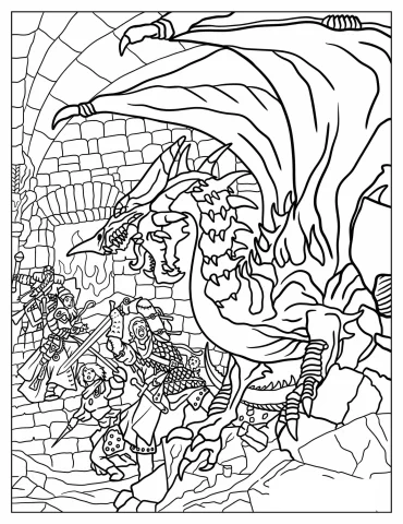 Wizard, Druid, Fighter, And Ranger Against A Dragon Coloring Sheet