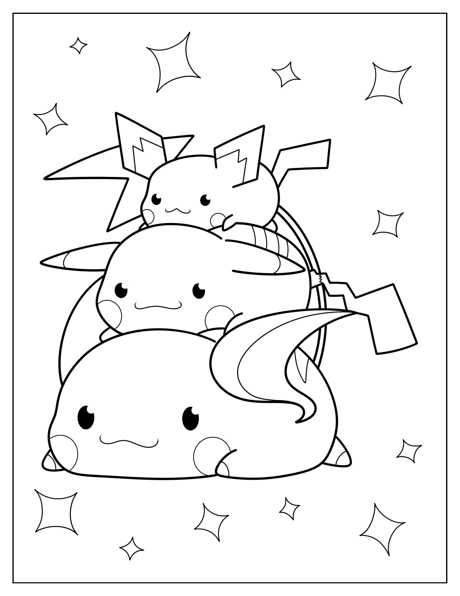 Kawaii Pichu And Pikachu On Top Of Raichu Coloring Page For Kids