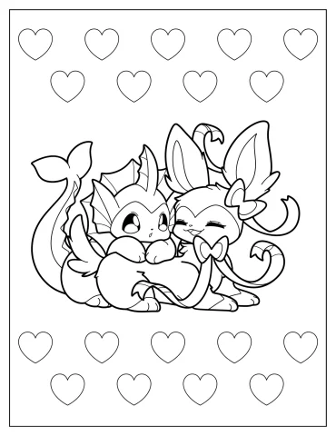 Cute Sylveon With Vaporeon Coloring Page