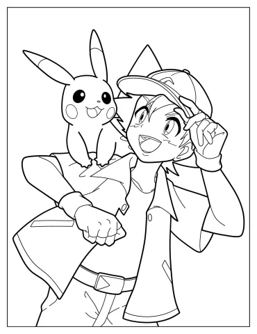 Pikachu And Ash Ketchum Smiling At One Another Coloring Page