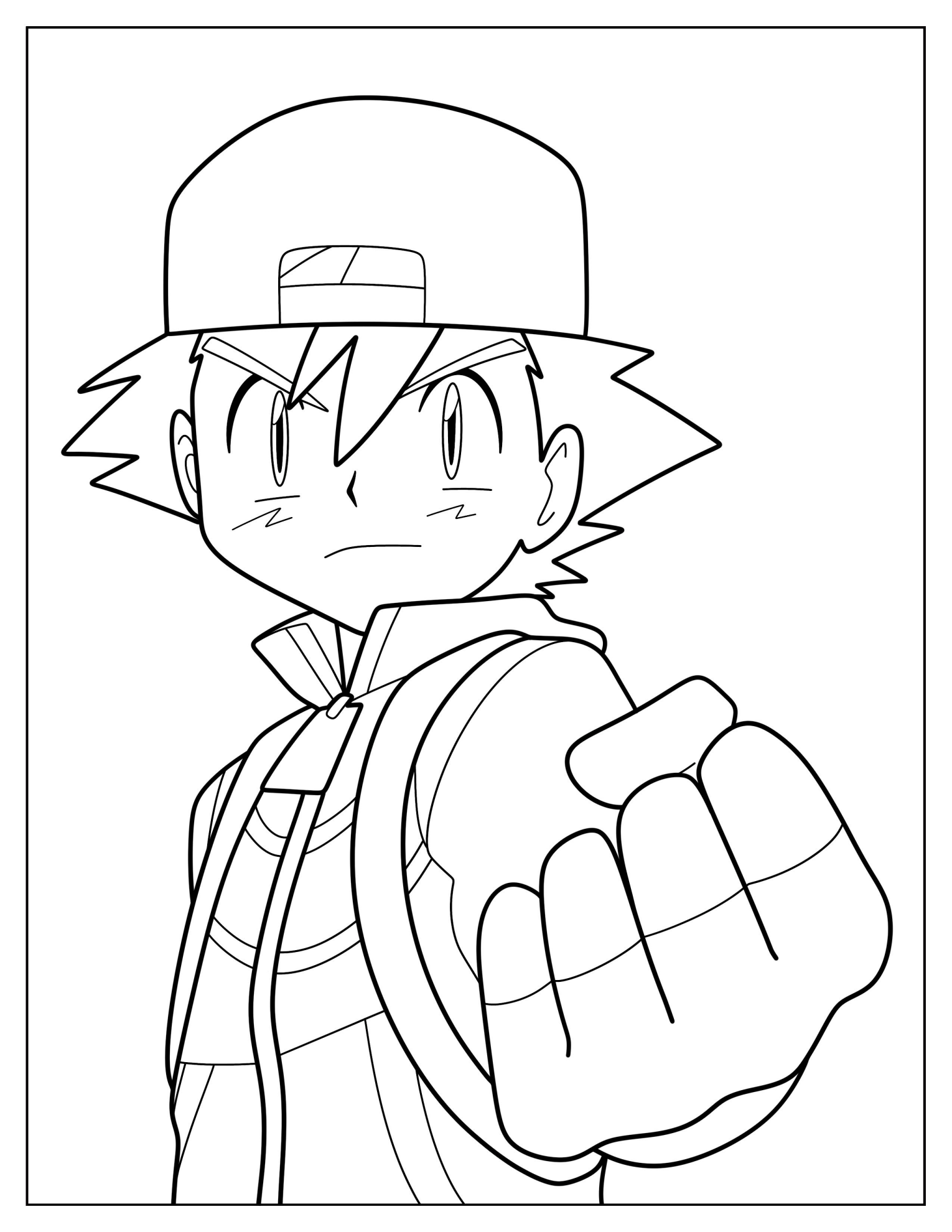 Easy Ash Ketchum Outline With His Fist Up Coloring Sheet For Kids