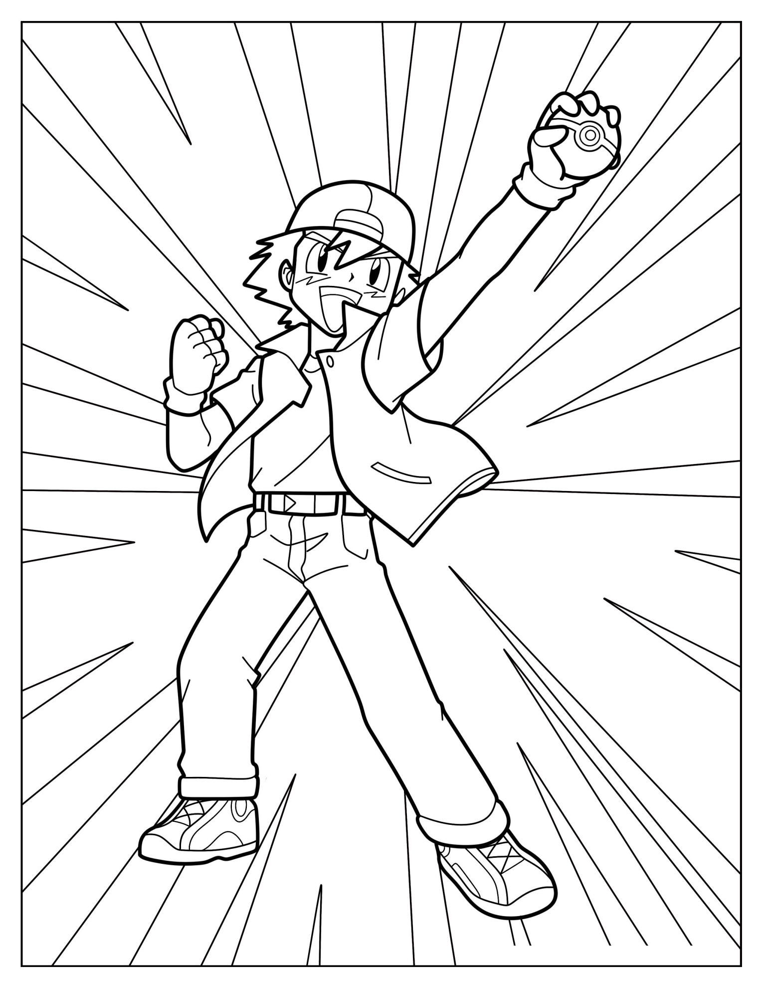 Easy Ash Ketchum Holding Up A Pokeball Coloring Page For Kids