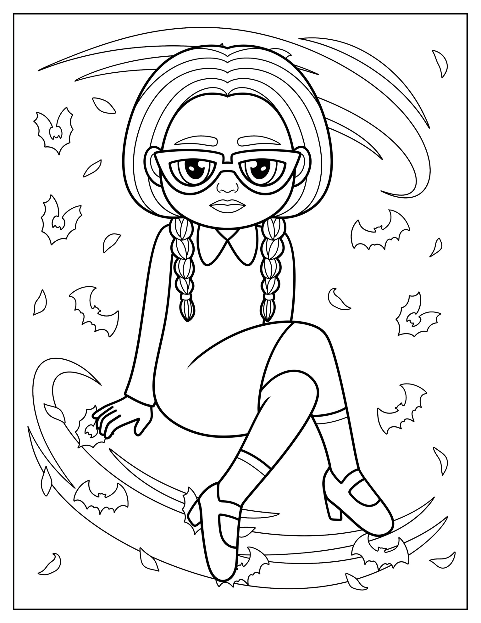 Nerdy Wednesday Wearing Eyeglasses Coloring Sheet For Kids