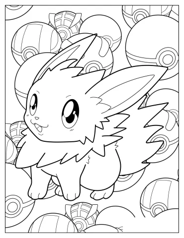 Cute Jolteon With Pokeballs In Background Coloring Page For Kids
