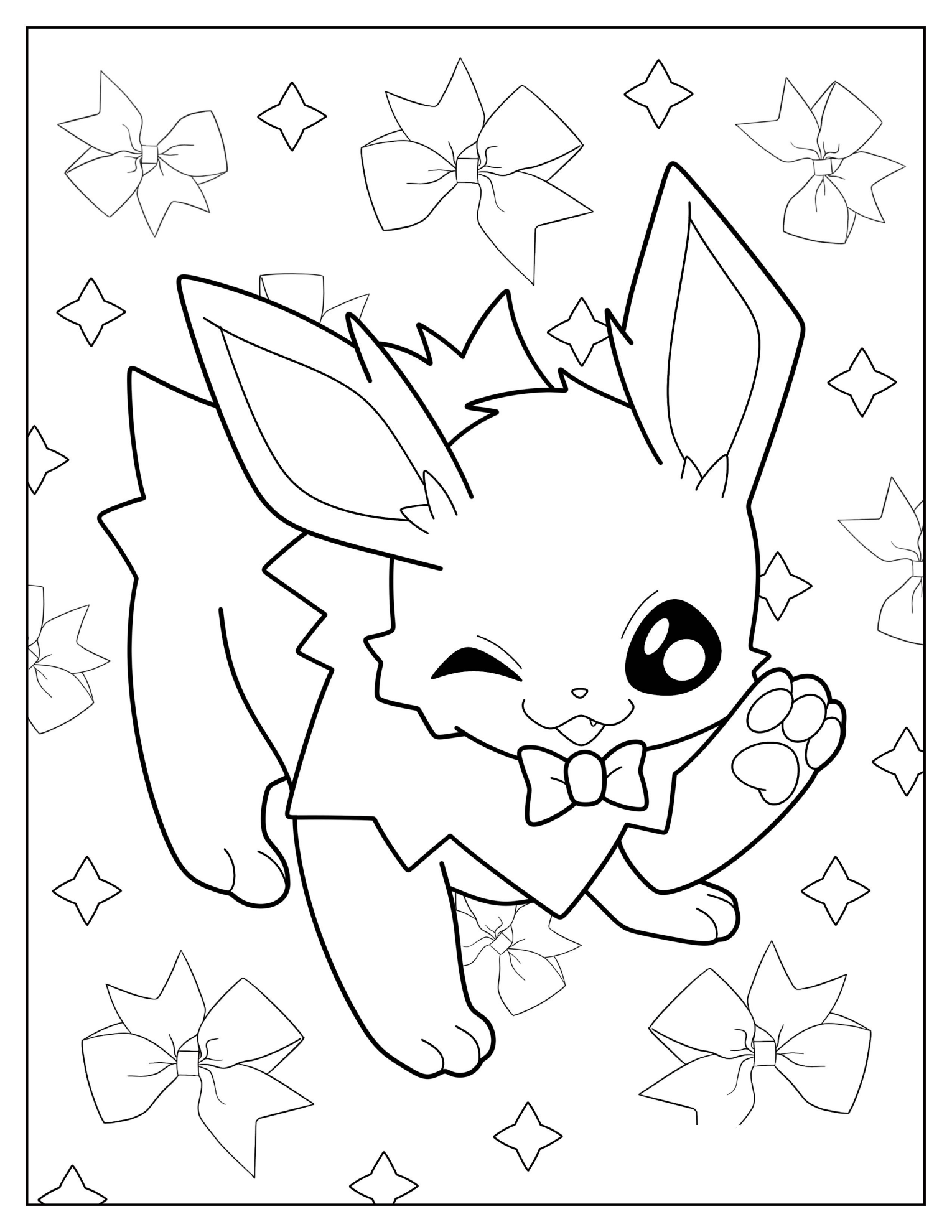 Kawaii Jolteon With Bowtie Winking Coloring Sheet For Preschoolers