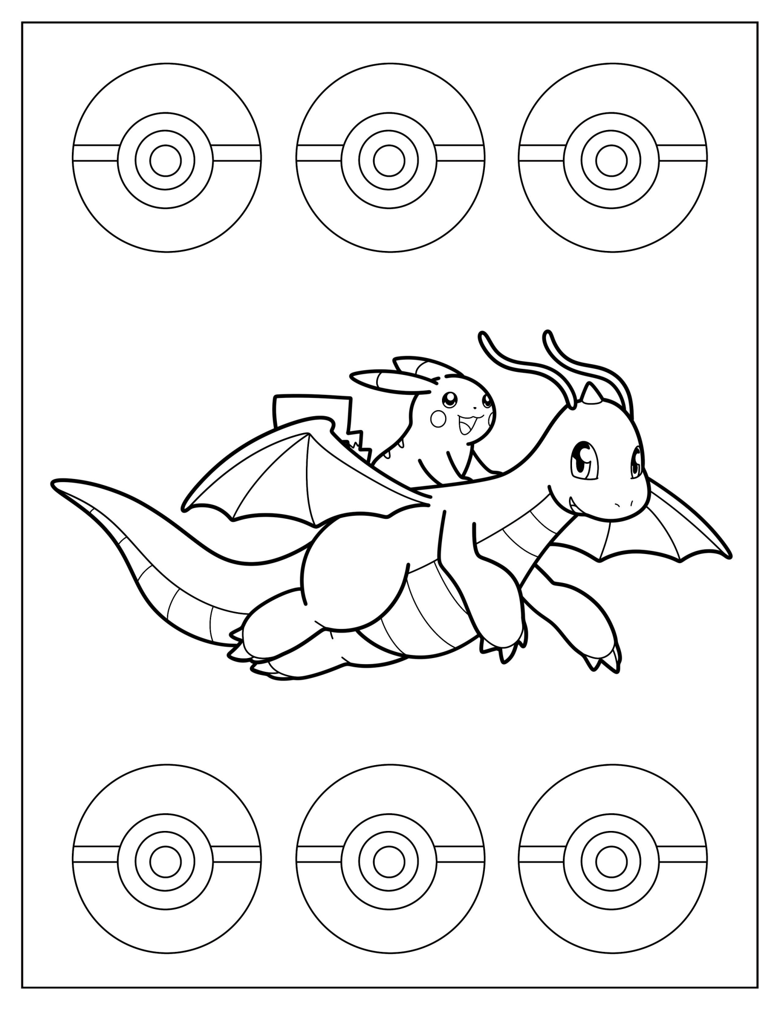 Pikachu Riding On Dragonite s Back Coloring Sheet
