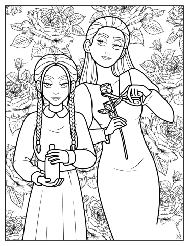 Cartoon Morticia Addams Cutting A Rose Next To Wednesday Coloring Page