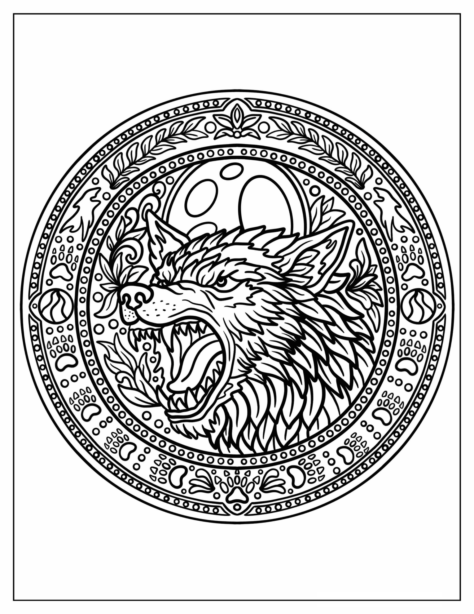 Realistic Werewolf inside a Mandala with Paws and Leaves Coloring Sheet