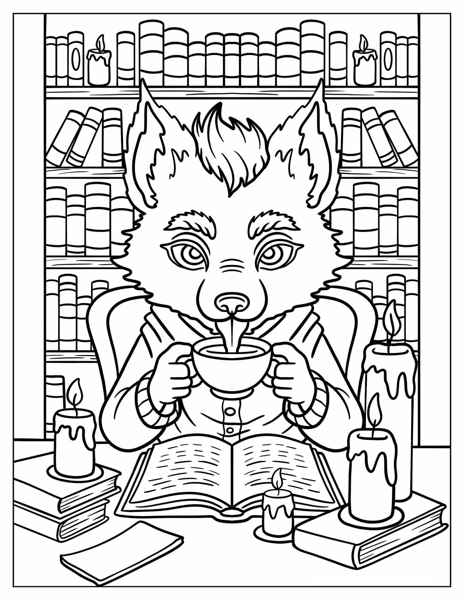Elderly Werewolf Drinking Tea in a Library with Candles