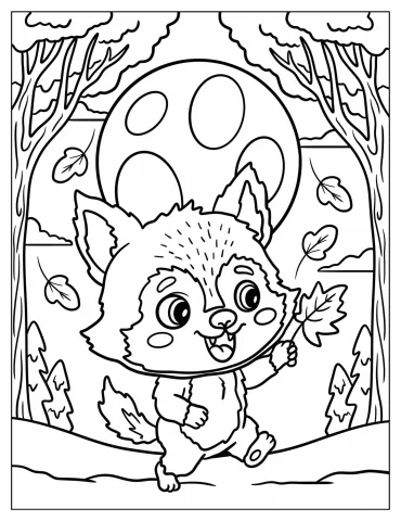 Tiny Werewolf Catching Falling Leaves in a Forest Coloring Page