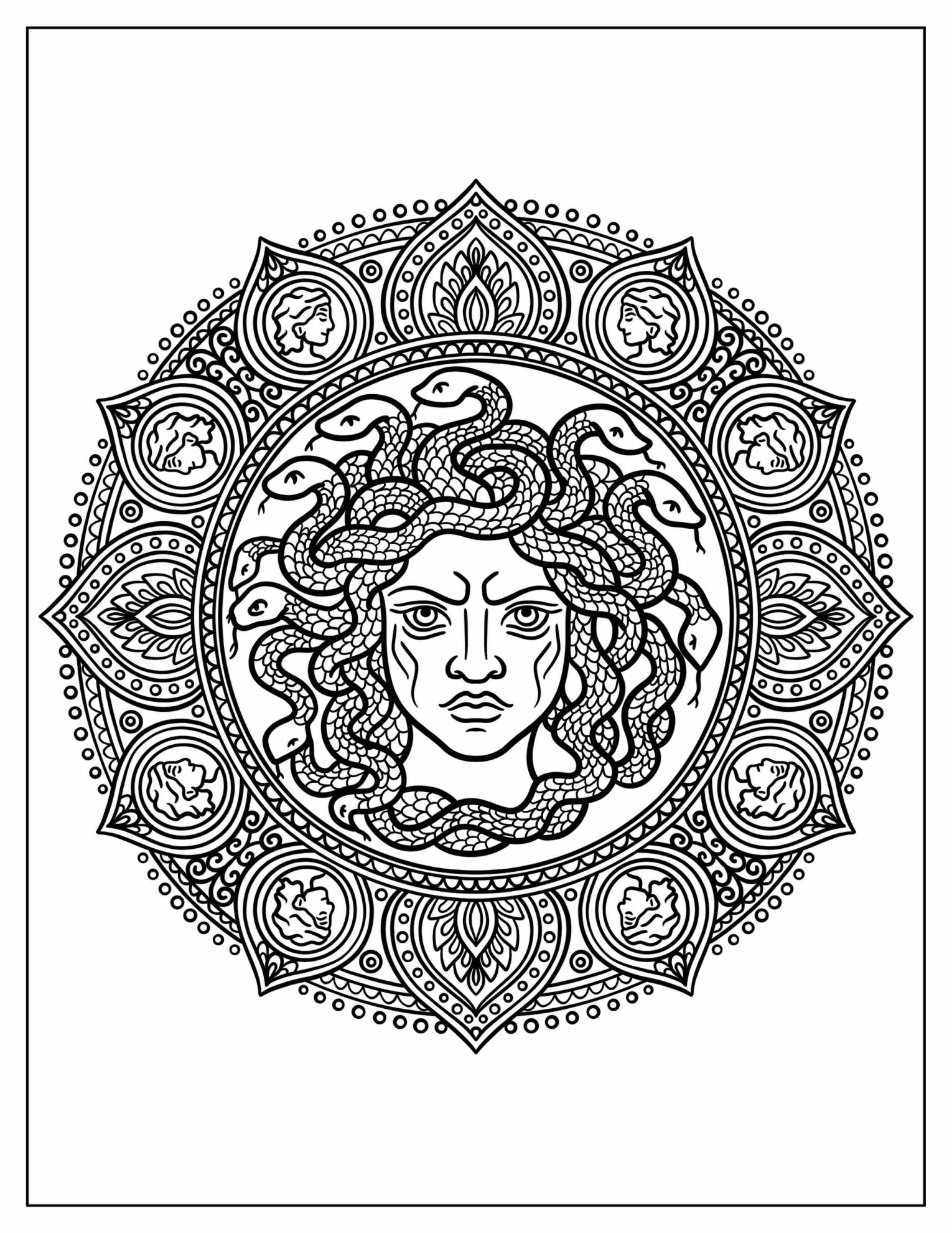 Intricate Medusa Mandala with Serpent Hair and Sacred Symbols