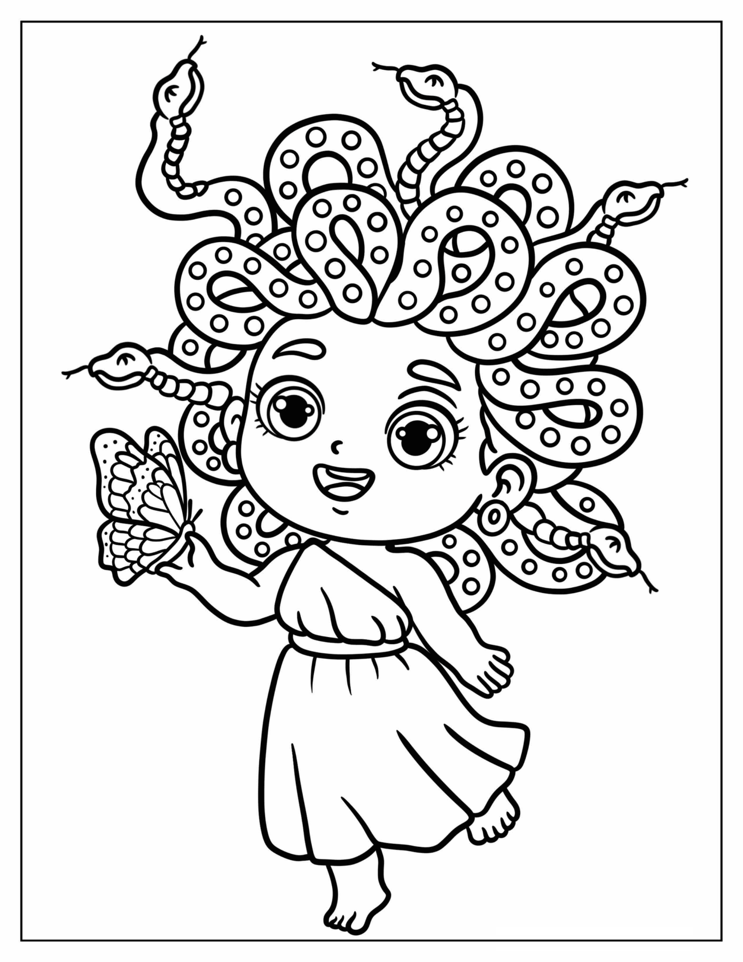 Adorable Little Medusa Dancing with a Butterfly Coloring Sheet for Preschoolers