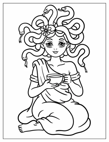 Peaceful Medusa Drinking Tea with Snake Hair and Flower Crown Coloring Page for Kids