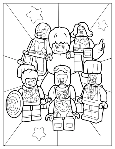 Lego Avengers Iron Man, Nebula, Spider-Man, Captain America, Black Widow, And Thor Coloring Page