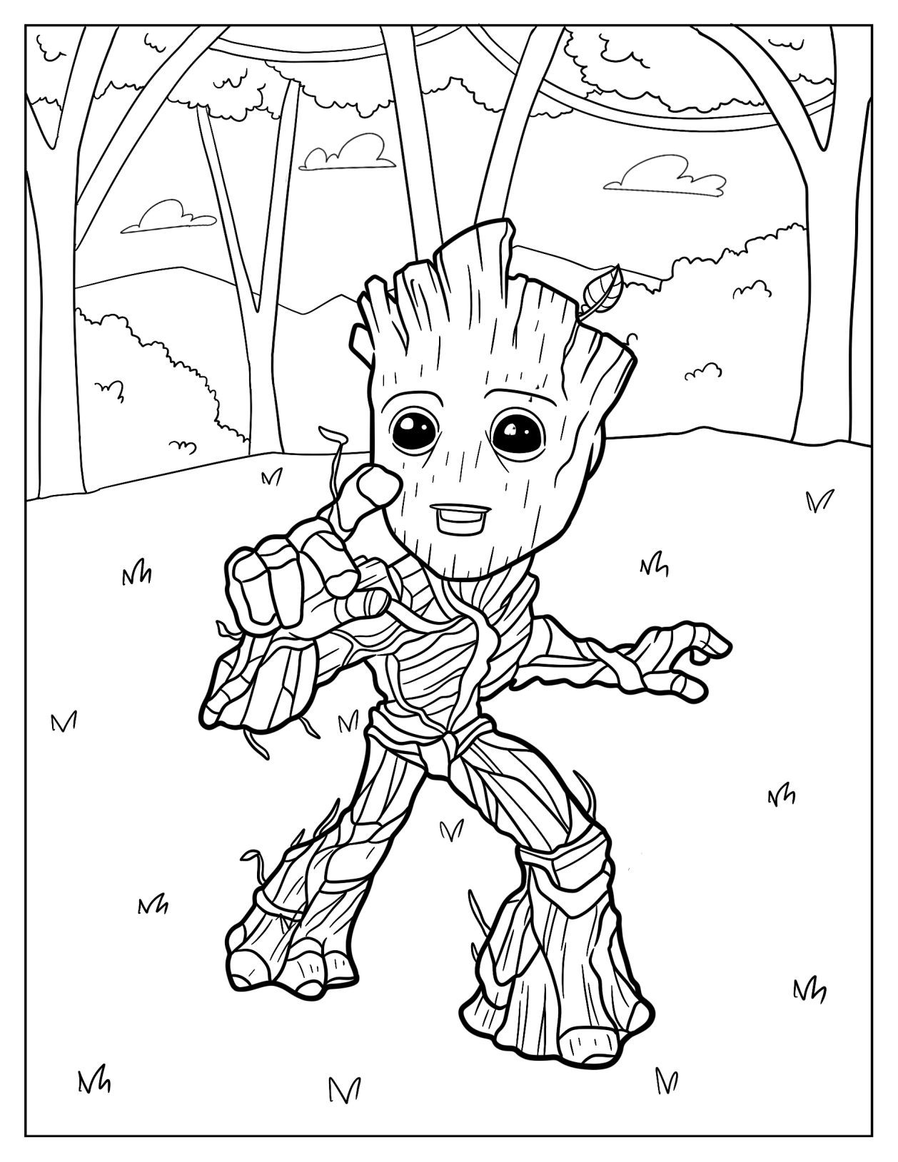 Amazed Groot Sprouting Leaves Coloring Page For Kids