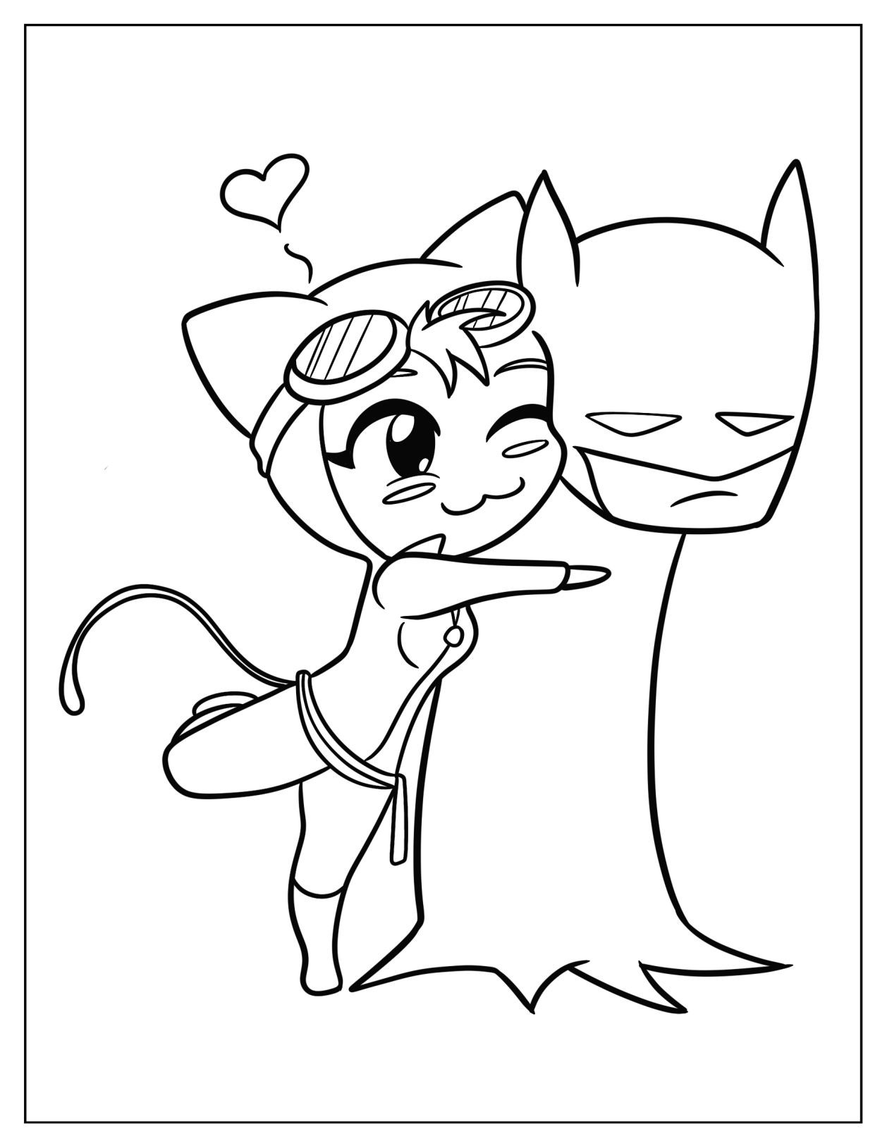 Kawaii Catwoman Hugging Batman Coloring Page For Kids