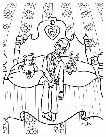 Goosebumps Slappy The Dummy Sitting On A Bed With Toys Coloring Page