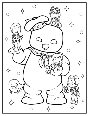 Kawaii Marshmallow Man Carrying Ghostbusters Coloring Sheet For Kids