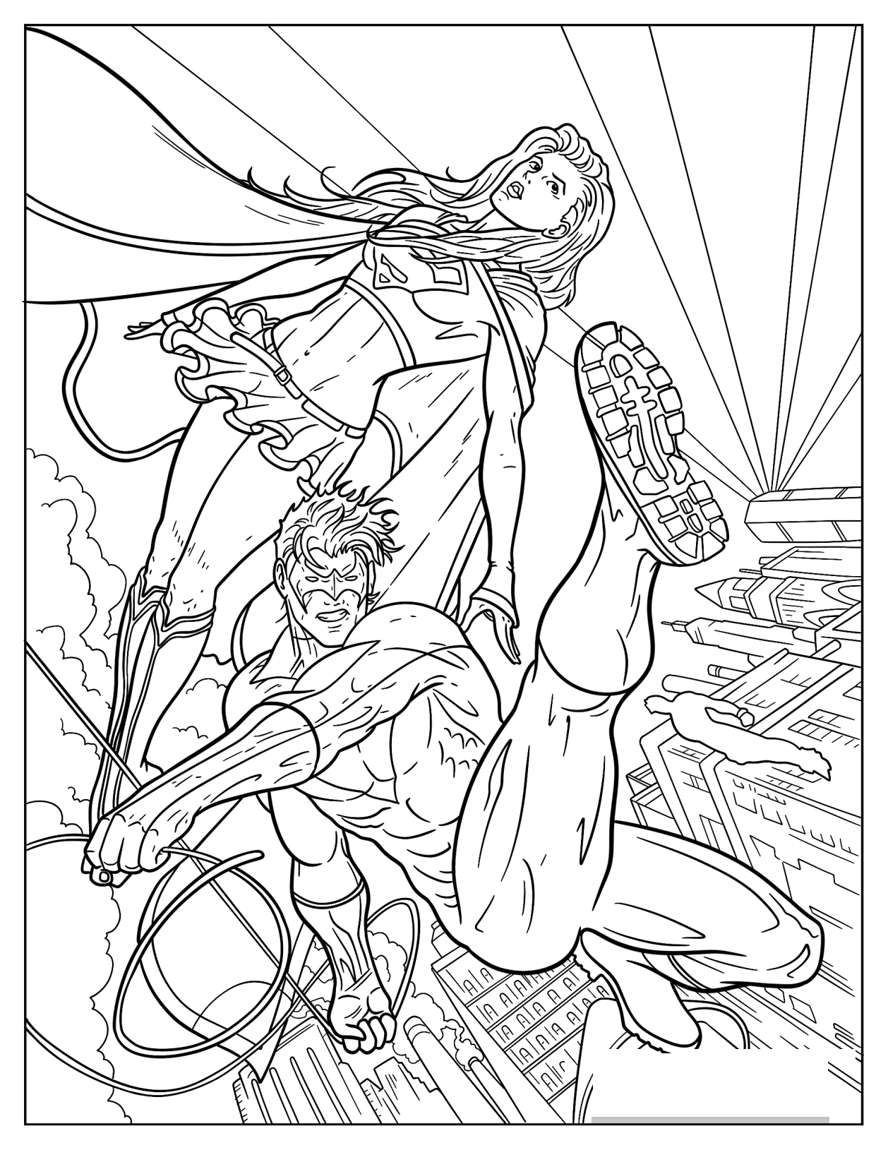 Nightwing And Supergirl Fighting Bad Guys Coloring Page
