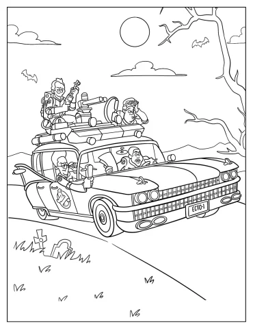 Original Ghostbusters Riding Ecto 1 Coloring Sheet For Kids