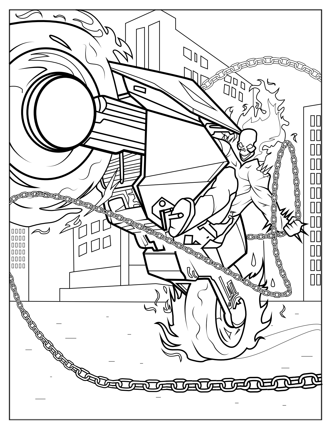 Ghost Rider On His Blazing Motorcycle With His Hellfire Chain Coloring Sheet