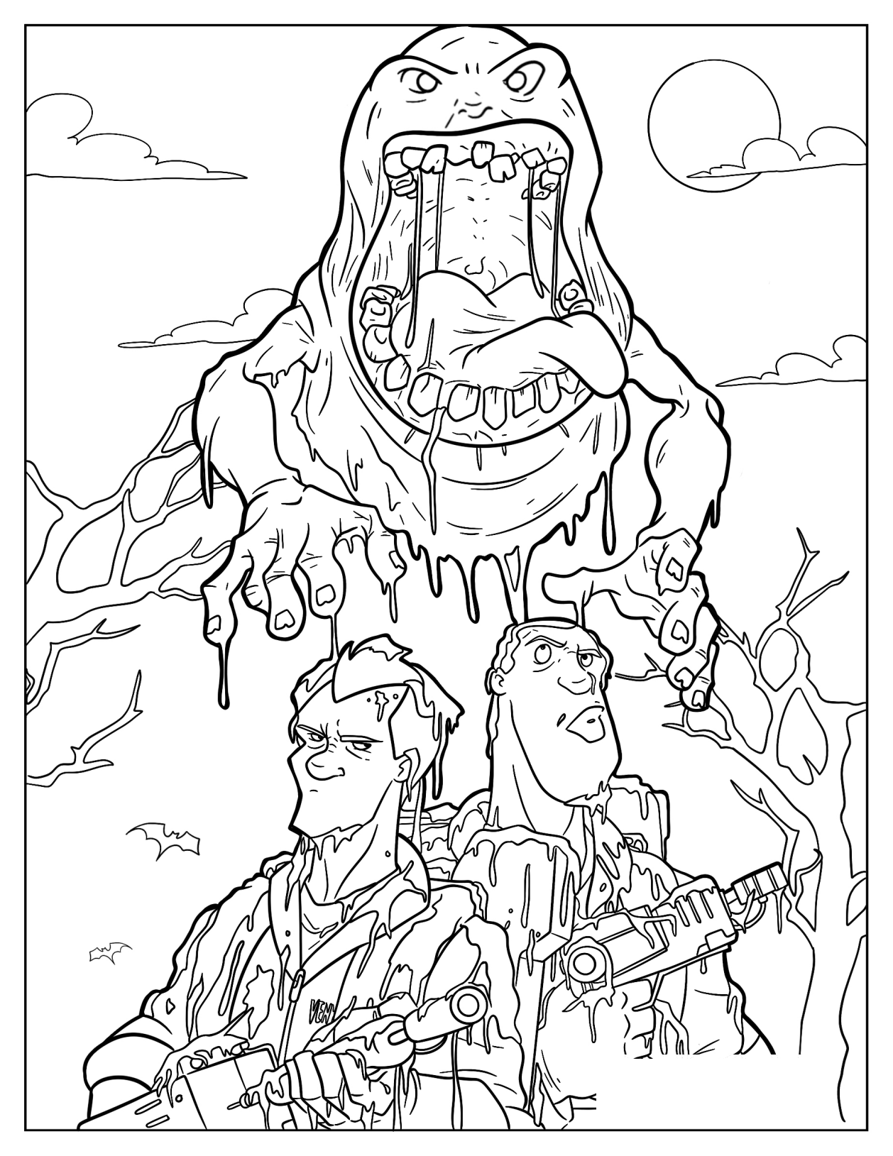 Slimer Dripping Slime On Zeddemore And Stantz Coloring Sheet