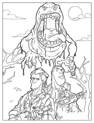 Slimer Dripping Slime On Zeddemore And Stantz Coloring Sheet