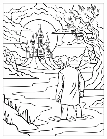 Frankenstein Standing in Shallow Water Looking at a Castle