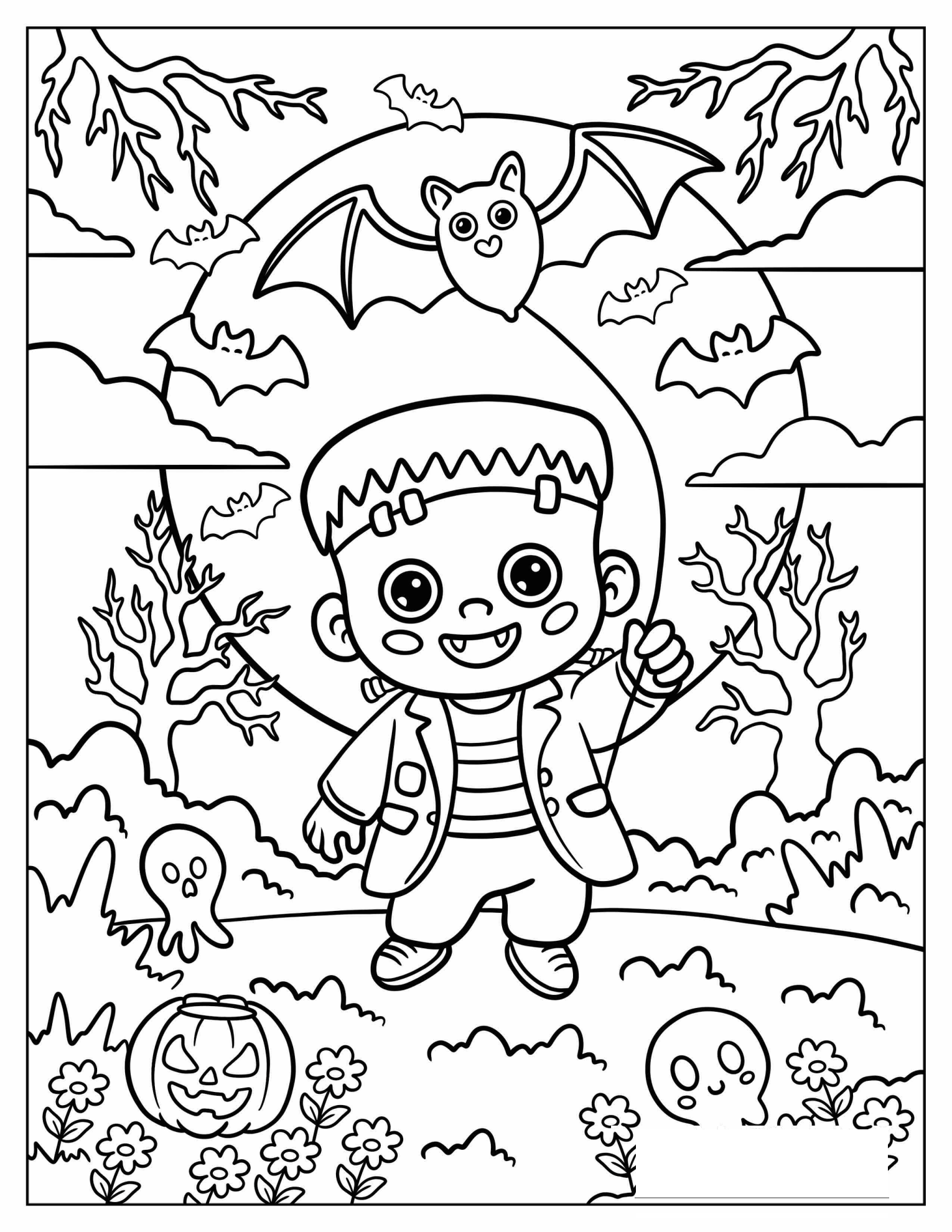 Frankenstein with Jack o Lanterns, Bats, and Full Moon Coloring Sheet for Preschoolers