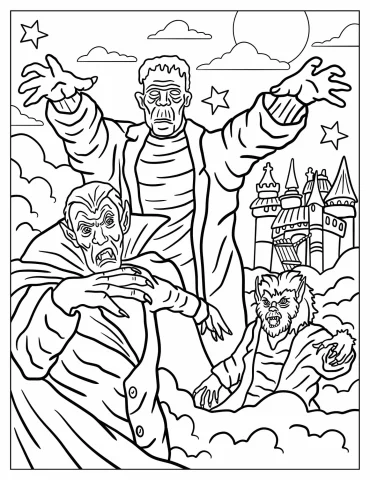 Frankenstein With Vampire And Werewolf Coloring Page