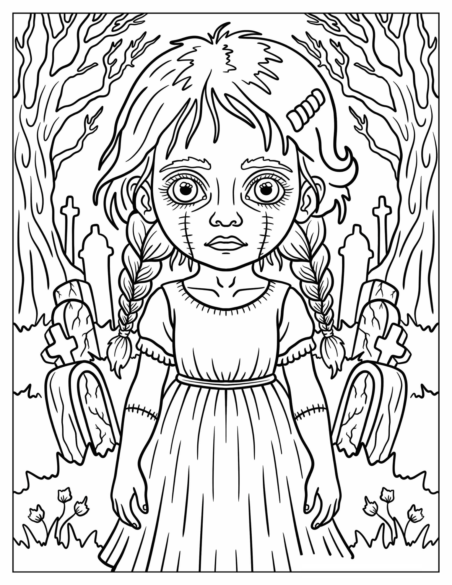 Scary Girl Frankenstein in a Graveyard Coloring Page
