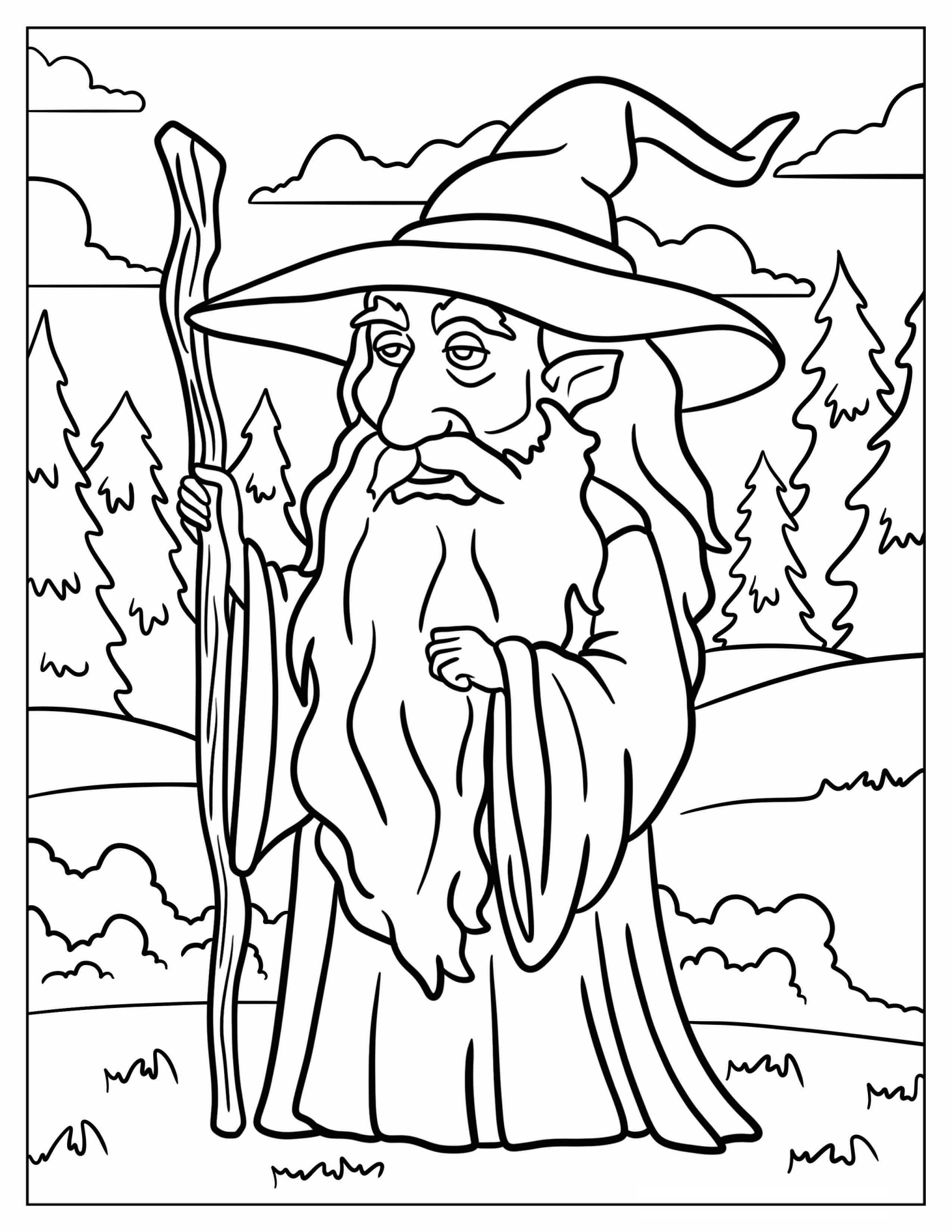 Chibi Wizard With Magical Staff Standing On A Hill