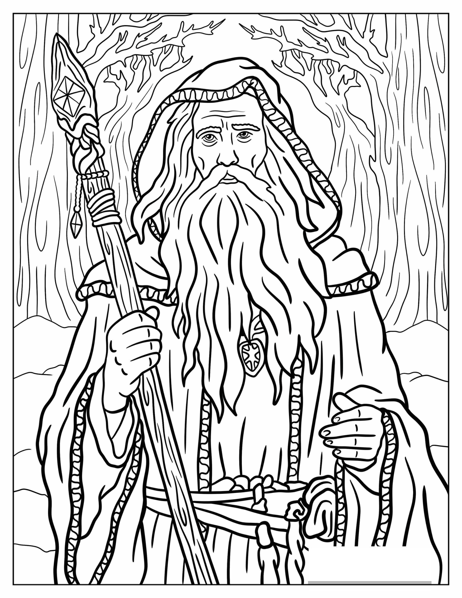 Old Wizard Carrying A Magical Staff In The Forest Coloring Page