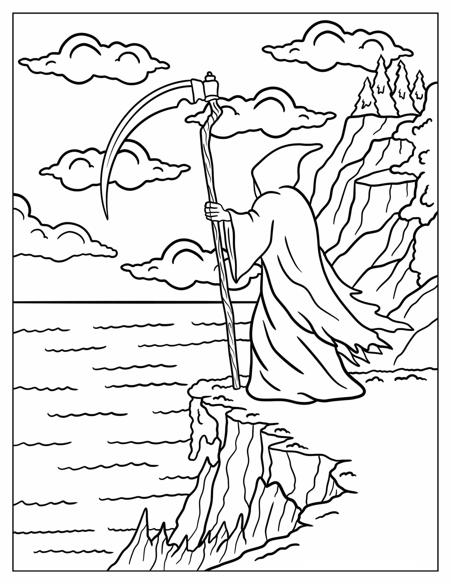 Grim Reaper with Scythe Looking Over a Cliff Coloring Page