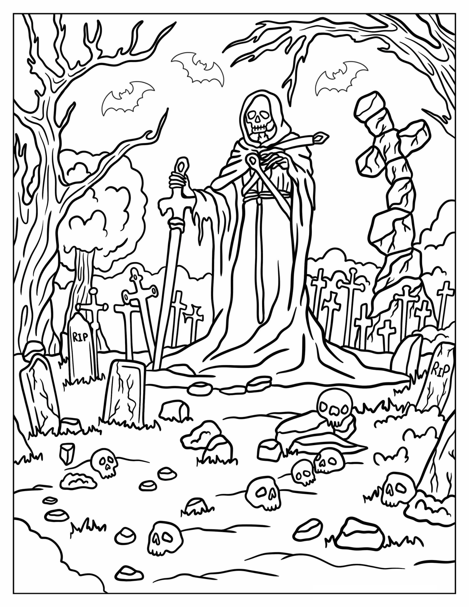 Grim Reaper In Scary Halloween Coloring Page