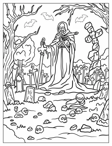 Grim Reaper In Scary Halloween Coloring Page