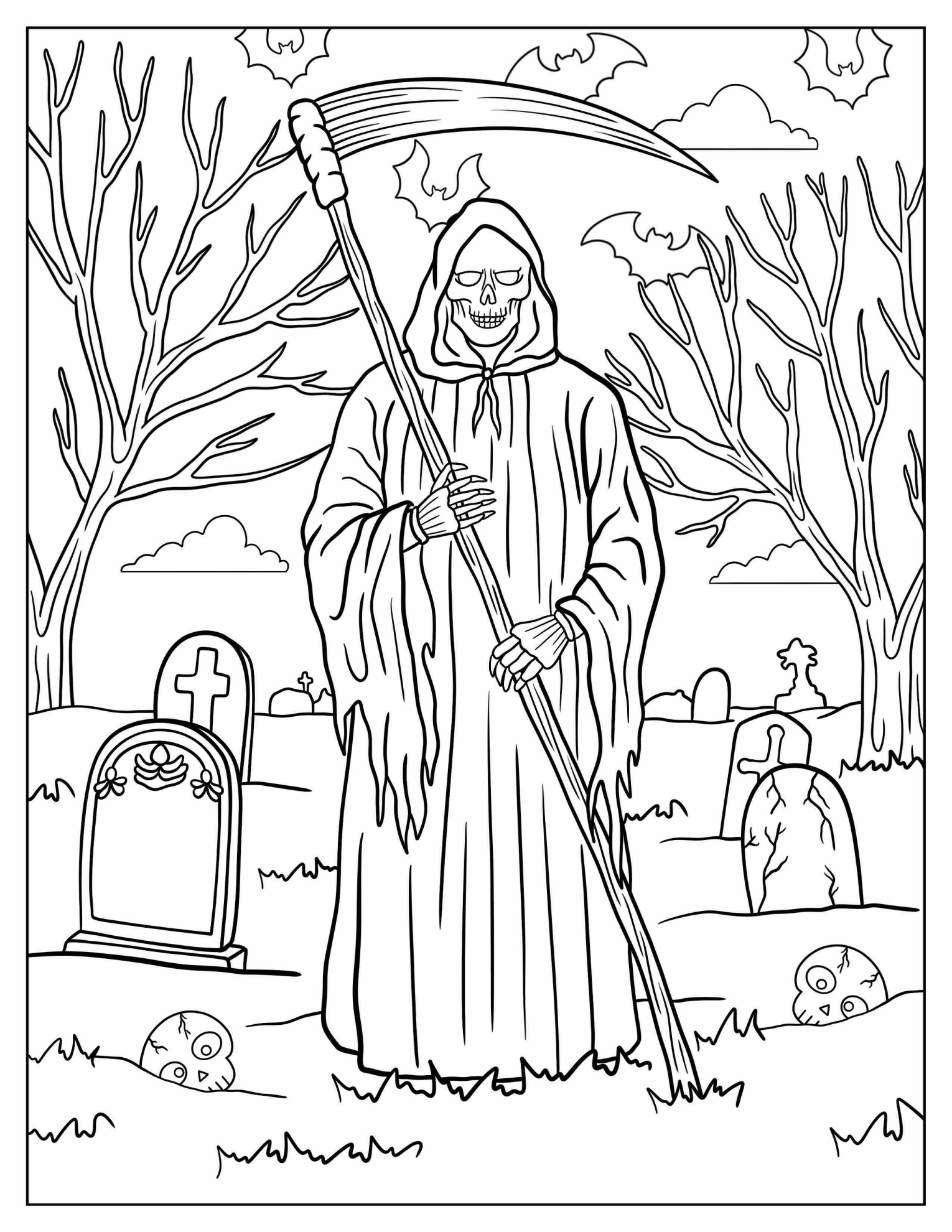 Realistic Grim Reaper In A Graveyard Coloring Page