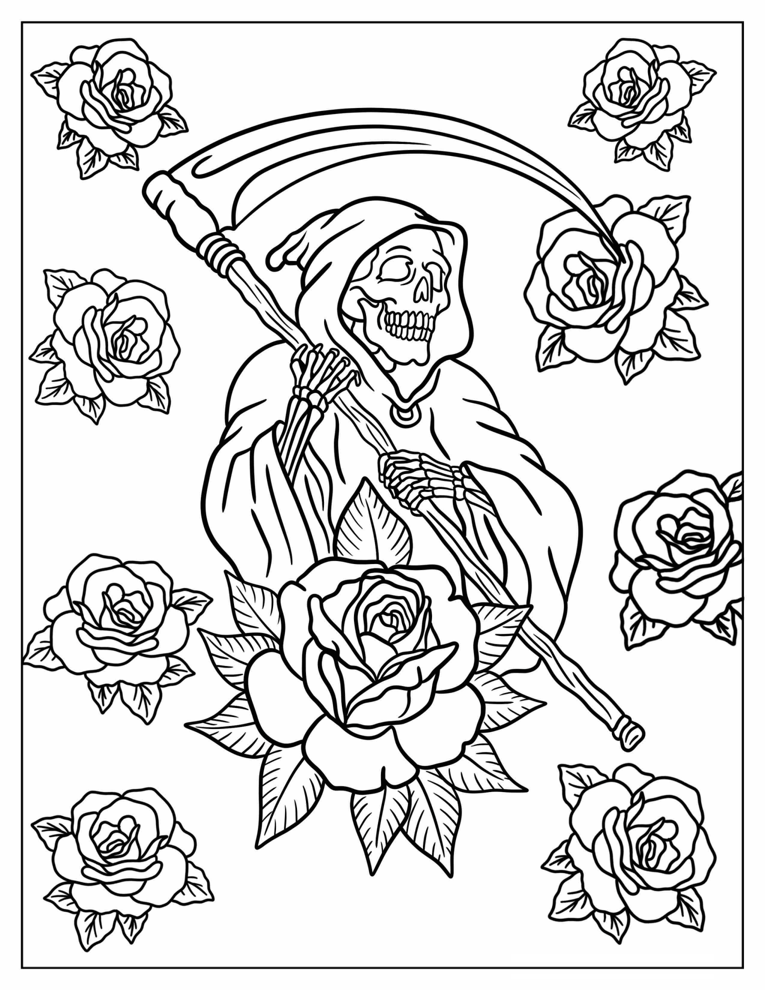 Grim Reaper With Roses Coloring Page For Kids