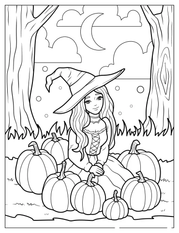 Pretty Witch Surrounded By Numerous Pumpkins