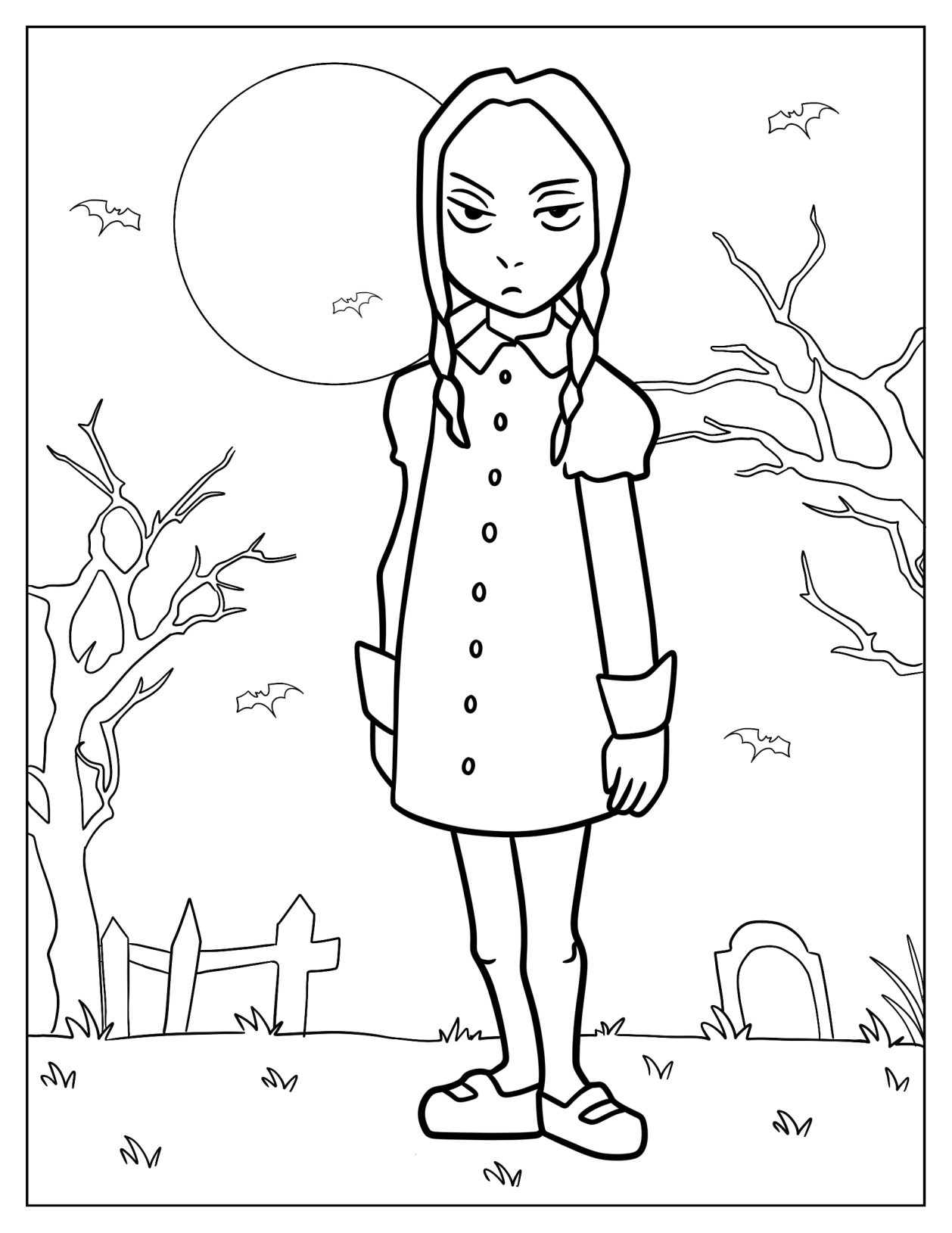 Simple Wednesday Addams At Full Moon Coloring Page For Preschoolers