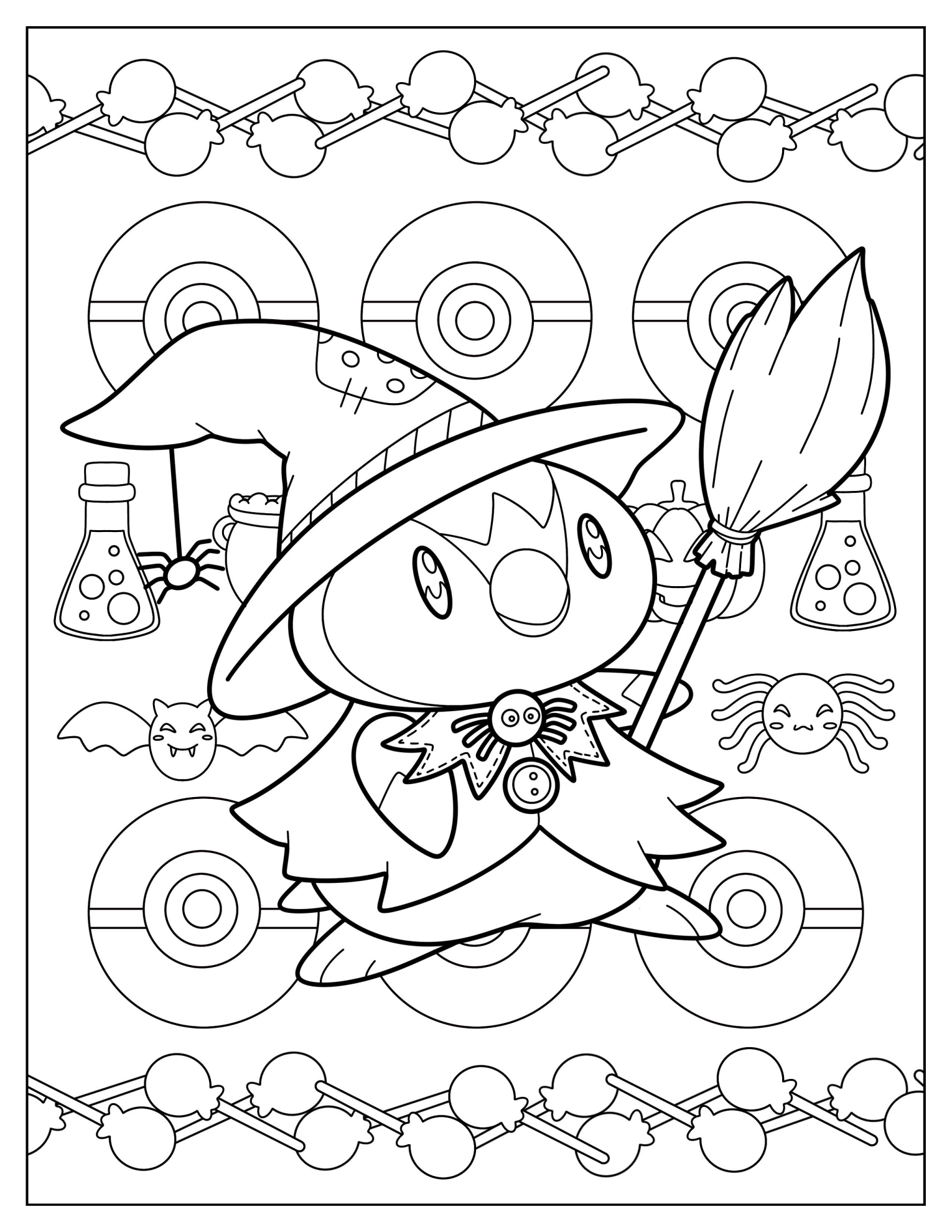 Witch Piplup Holding A Broom Halloween Pokemon Coloring Page