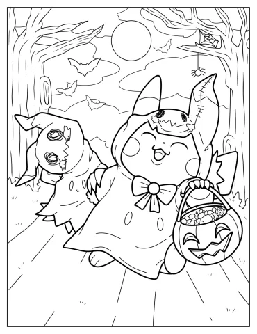 Pikachu Trick Or Treating With Mimikyu Coloring Page