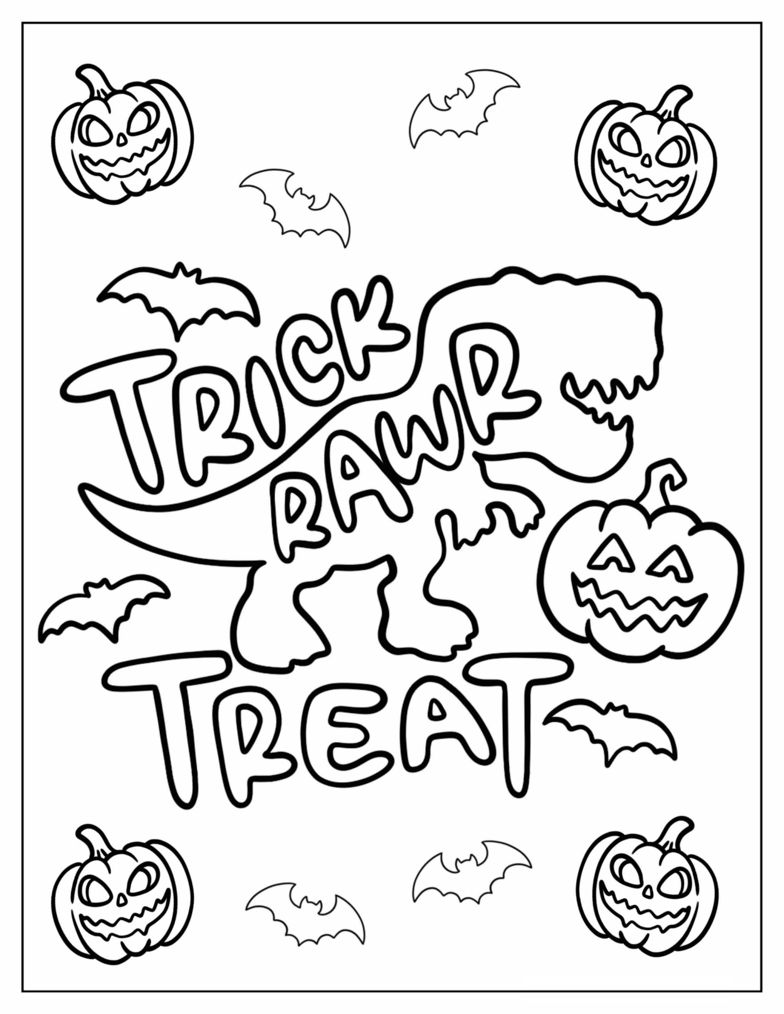 Trick Or Treat Words With Dinosaur And Pumpkins Coloring Page For Kids