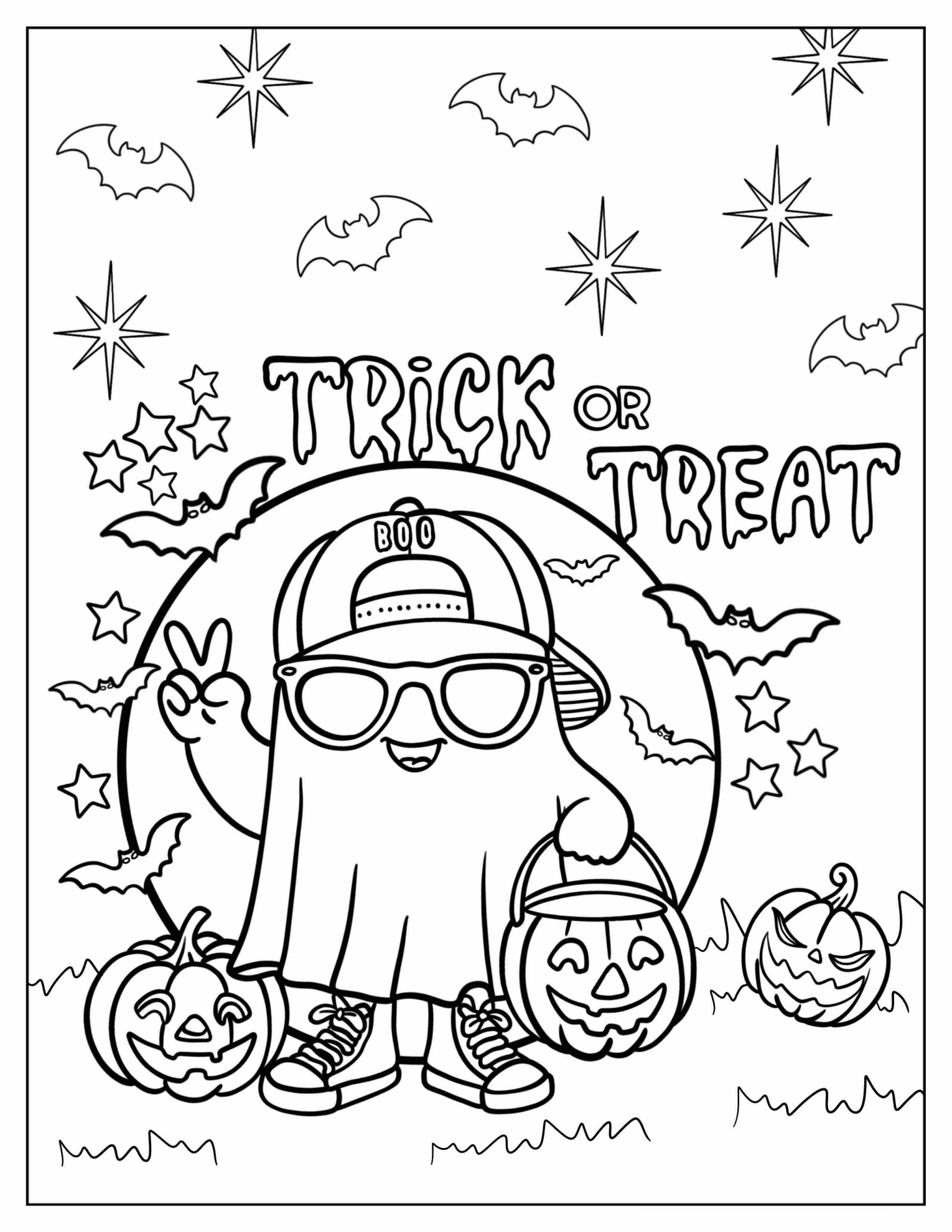 Cool Ghost Boy Holding Trick Or Treat Bucket Coloring Sheet For Kids