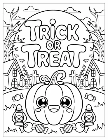 Trick or Treat Pumpkin in Front of Haunted Houses and Gravestones Coloring Page For Kids